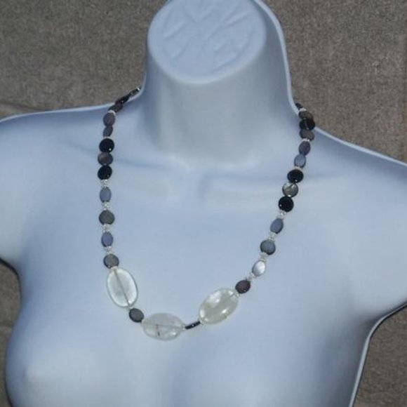 Handmad Grey & Black Necklace with Marbled Beads & Cloudy Agate Ovals 23 inches - Picture 9 of 16